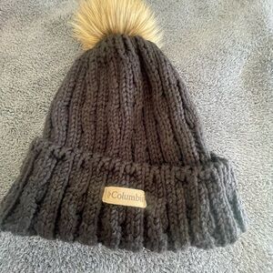 Columbia Knit Beanie with Tan Pom-Pom